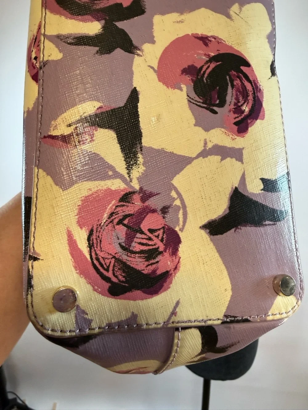 Kate Spade Floral Tote Cream Purple Leather Shoulder Bag Large Chic
